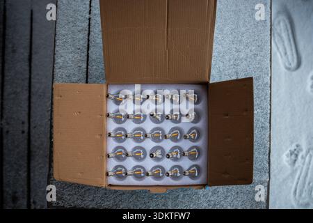 Cardboard box with LED bulbs arranged in foam insert on a textured gray terrace floor with faint footprints in a snowy or frosty setting. Stock Photo