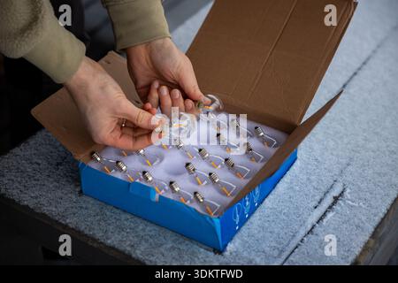 A pair of hands holds two LED bulbs from a foam lined box on a snow dusted surface, depicting a bulb replacement task in a cold environment. Stock Photo