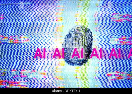 AI symbol and large fingerprint against electronic screen background Stock Photo
