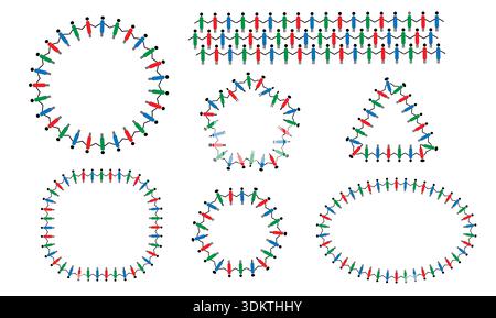 Diverse group of colorful stick figures holding hands forming various geometric shapes and borders symbolizing unity teamwork and community Stock Vector