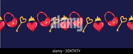 Red heart locks, golden keys and glossy hearts with crown. Vector seamless border. Romantic love symbols Stock Vector
