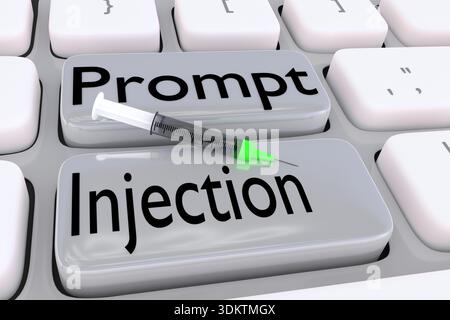 3D illustration of computer keyboard with the script Prompt Injection on two buttons along with a symbolic syringe. Stock Photo