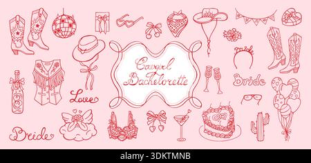 Hand drawn cowgirl and cowboy illustration set in coquette doodle style. Vintage whimsical western symbols with bows, boots, hats cactus. Cute retro line art playful Texas charm trendy girly aesthetic Stock Vector