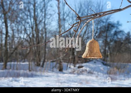 Straw fiber feeder shaped like a bell hanging by string from branch; white snow ground, leafless trees, bright blue sky, strong sunlight Stock Photo