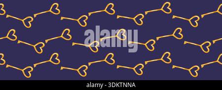 Elegant golden heart-shaped keys. Vector seamless border. Minimalist romantic symbol for Valentine designs Stock Vector