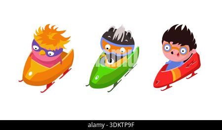 Cute characters hedgehog in sled. Bobsleigh sport and winter competitions. Vector flat illustration isolated on white background for children books.  Stock Vector