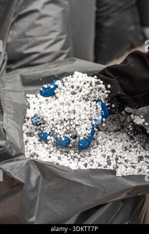 A blue and black gloved hand holds white and gray granules from an open plastic bag, with additional bags visible in an industrial setting. Stock Photo