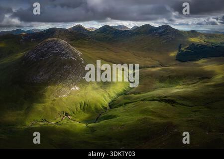 Aerial view of the dramatic green mountains and deep valleys of THakgil ...