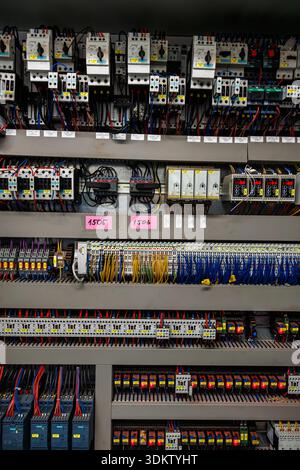 Industrial electrical control panel with relays and wiring detail. Dense rows of contactors, circuit breakers, labeled tags 1505 and 1506, digital dis Stock Photo