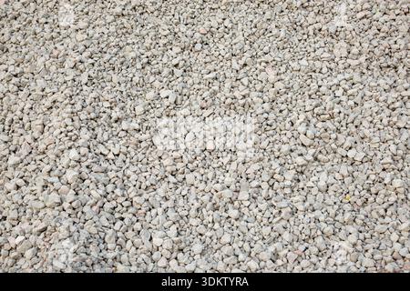 A detailed view of small gravel stones in pale gray and white tones, evenly distributed to form a textured surface with subtle color variations. Stock Photo