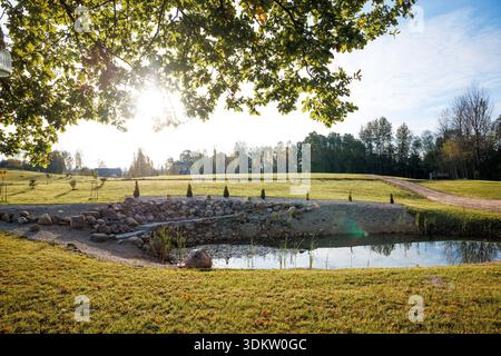 A small pond bordered by rocks, surrounded by grass and trees. A dirt path curves in the distance, with sunlight filtering through a large tree. Stock Photo