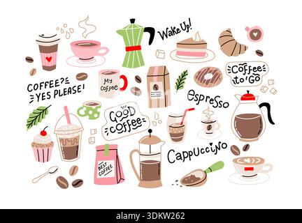 Coffee elements set. Cute minimalist design, different types of coffee making, cups and glasses. Vector illustration Stock Vector