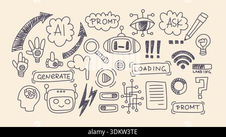 Set of doodle icon elements. Ai interface retro style illustration Stock Vector