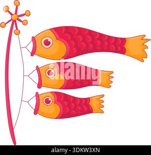 Red And Yellow Traditional Asian Koinobori. Flat Style Fish Illustrations. Lunar Chinese New Year Element Stock Vector