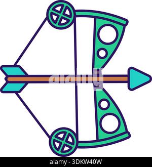 Archery outline icon for competition. Green compound bow with colorful arrow Stock Vector