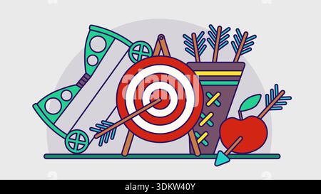 Archery competition outline illustration. Compound bow with target, arrows, apple and quiver Stock Vector