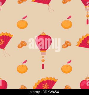 Red and Yellow Traditional Asian Pattern. Flat Style Lanterns, Fan And Mandarin. Lunar Chinese New Year Stock Vector