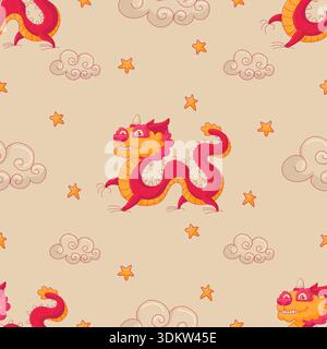 Red and Yellow Traditional Asian Pattern. Flat Style Clouds, Stars And Dragon. Lunar Chinese New Year Stock Vector