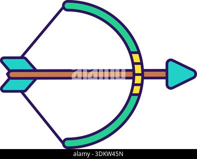 Archery outline icon for competition. Green bow with colorful arrow Stock Vector
