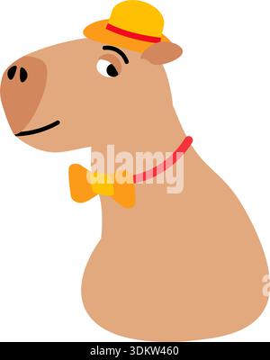 Gentleman capybara in small straw hat and bow ties on neck. Guy swamp guinea pig rodent. Tropical swamp animal mammal. Flat cartoon vector isolated on Stock Vector