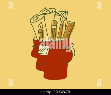 Creamy illustration with man head and rolls of paper, brushes, rulers. Symbols of education Stock Vector