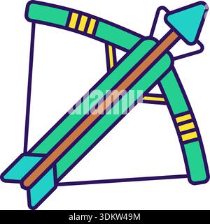 Archery outline icon for competition. Green crossbow with colorful arrow Stock Vector