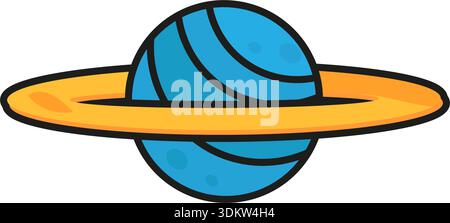 Flat Outline Planet Saturn Icon. Blue yellow sphere with ring Stock Vector