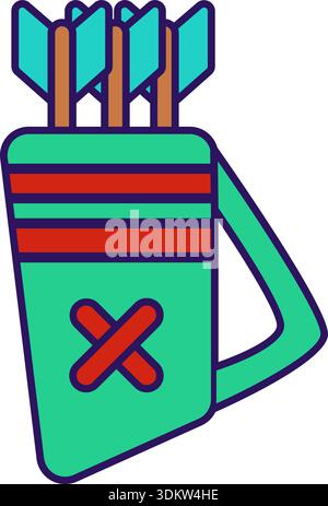 Archery outline icon for competition. Colorful arrows in green quiver Stock Vector