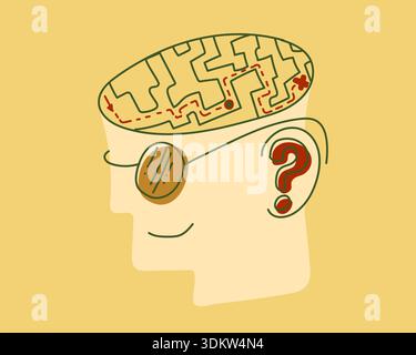 Creamy illustration with man head in glasses and maze. Symbols of education Stock Vector