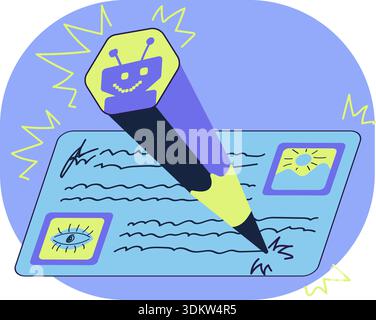 Blue and lemon cartoon outline set illustration. AI robot creation text, video, art, music content Stock Vector