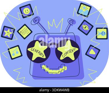 Blue and lemon cartoon outline set illustration. AI robot creation text, video, art, music content Stock Vector