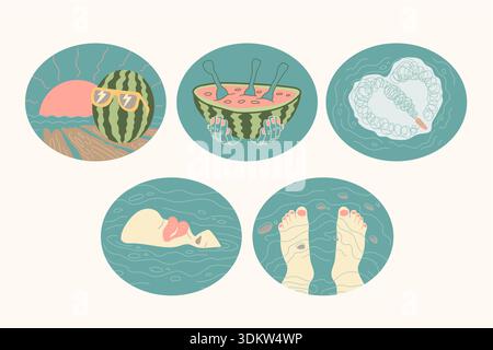 Retro stickers set about summer. Watermelons and swimming in water Stock Vector