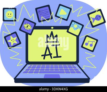 Blue and lemon cartoon outline set illustration. AI creation on laptop text, video, art, music content Stock Vector