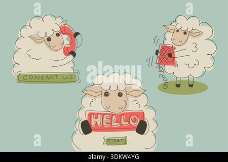 Milk, red and green set of cartoon sheep characters with funny expressions and signs for web Stock Vector
