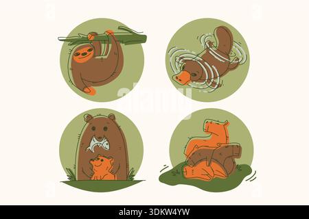 Green and brown cartoon outline illustrations set with bear, capybara, platypus, and sloth Stock Vector