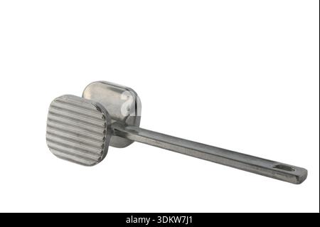 Metal meat tenderizer hammer, kitchen tool isolated on white background. Stock Photo