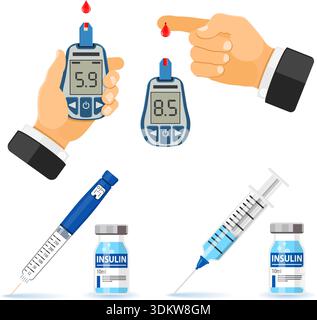 Diabetes banners. blood glucose meter and finger with blood drop. glucometer for diagnosis of diabetes. Insulin Pen Syringe and Vial. diabetes world d Stock Vector