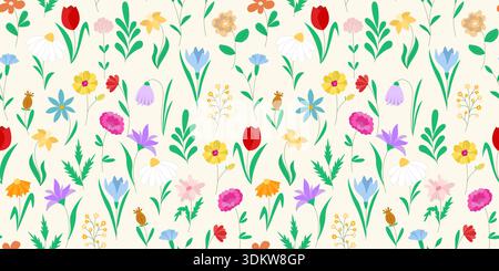 Beautiful floral seamless pattern. Various flowers and herbs on soft beige background. Botanical natural rustic print for spring and summer design Stock Vector