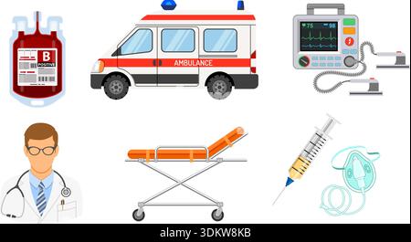 medical emergency ambulance concept with flat icons doctor, blood container, defibrillator, stretcher. isolated vector illustration Stock Vector