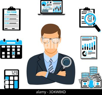 Auditing, Tax, Accounting Banner. Auditor Holds Magnifying Glass in Hand and Checks Financial Report with Charts, Calculator and laptop. Flat Style Ic Stock Vector