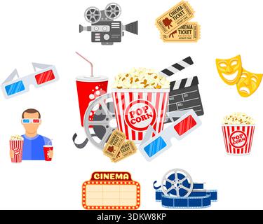 Cinema and Movie time concept with flat icons masks, 3D glasses, clapperboard and viewer with popcorn and soda in hands, isolated vector illustration Stock Vector