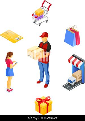 Smartphone with Online Delivery, Box, People. Internet Shopping and Online Electronic Payments Concept. Isometric icons. isolated vector illustration Stock Vector
