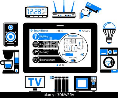Smart Home and Internet of Things Concept. Smart House controls devices like microwave, loudspeaker, tv and security camera. Flat style two color icon Stock Vector
