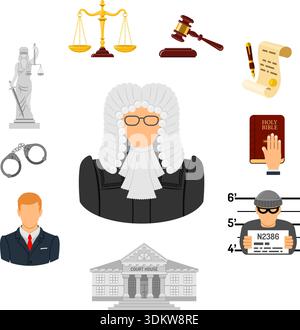 Crime and Punishment banner and infographics. Flat Style Icons Lawyer, Judge, Handcuffs and Court House. vector illustration Stock Vector
