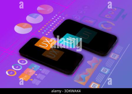 3D render of two smartphones with UX/UI labels over data charts and dashboard graphics. Concept of mobile app design, user interface, user experience, Stock Photo