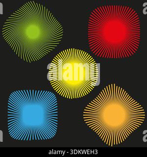 Beautiful sunburst explosions. Radiant starburst patterns. Magnificent ray Vector. Incredible color symbols. EPS 10. Stock Vector