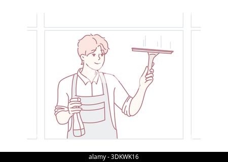 Man washes windows using brush and spray bottle with detergent, outside view of building. Guy employee of cleaning company in work uniform cleans up business center. Flat vector illustration Stock Vector