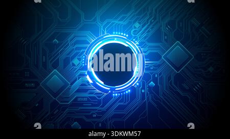 Bright neon HUD element on circuit board background. Stock Vector
