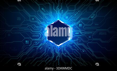 Glowing circuit board with neon hexagon HUD display. Stock Vector
