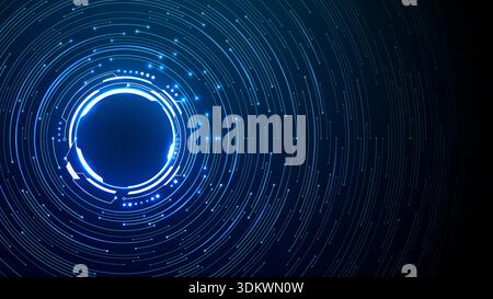 Glowing circuit board with neon HUD interface. Stock Vector